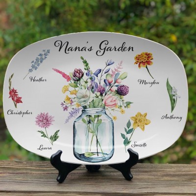 Personalized Nana's Garden Birth Flower Platter With Grandkids Name For Mother's Day Gift