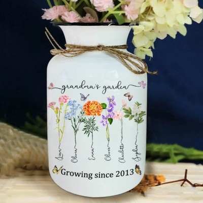 Custom Grandma's Garden Vase With Kids Name and Birth Month Flower For Mother's Day Gift