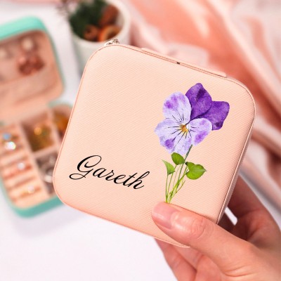 Personalized Birth Flower Jewelry Travel Box Bridesmaid Gift Case With Name