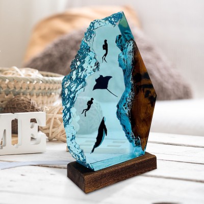 Resin Ocean Wood Lamp Humpback Whale Manta Rays and Couple Diver Home Decor Christmas Gift