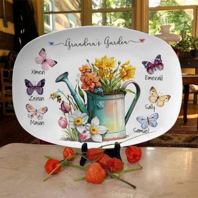 Personalized Grandma's Garden Butterfly Flower Platter With Grandkids Name For Mother's Day Christmas
