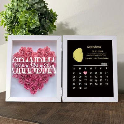Personalized Flower Shadow Box Moon Phase Calendar with Names Gift for Mother's Day