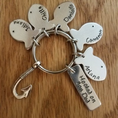 Father's Day Personalized Fishing Keychain With Kids Names Hooked on Dad