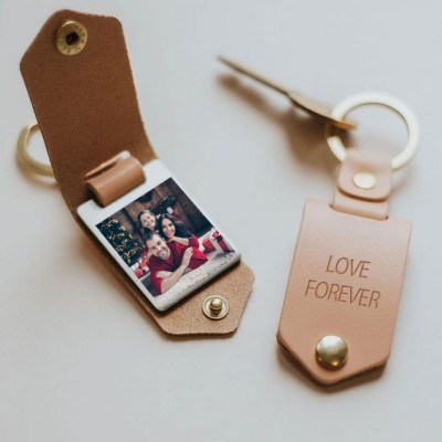 Personalized Brown Leather Photo Keychain Key Ring Gifts For Dad Father's Day