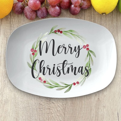 Holly Wreath Merry Christmas Personalized Platter