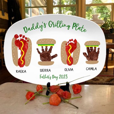 Personalized Burger Hot Dog Handprint Footprint Plate With Name For Father's Day