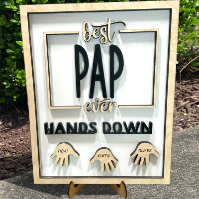 Personalized Best Papa Ever Hands Down Framed Sign With Kids Name For Father's Day