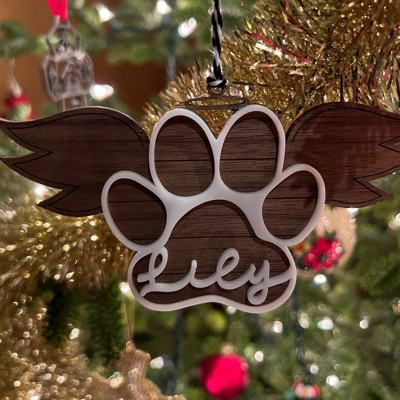 Personalized Wood Pet Paw Memorial Ornament with Wings Name Engraved