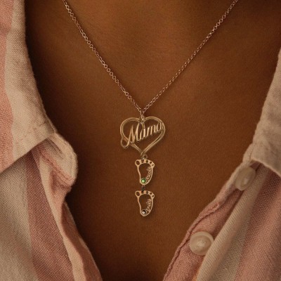 Personalized Mama Heart Pendant Birthstones Name Necklace with 1-10 Hollow BabyFeet Charms