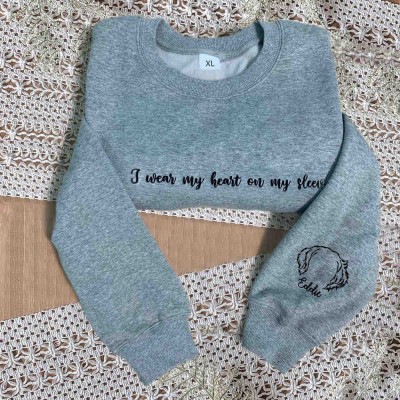 Custom I Wear My Heart On My Sleeve Embroidered Dog and Cat Ear Outline Crewneck For Pet Lover