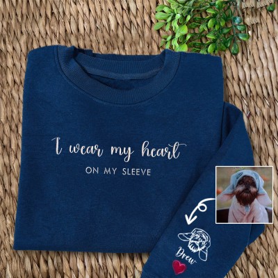 Custom I Wear My Heart On My Sleeve Embroidered Pet Portrait Navy Crewneck For Pet Lover