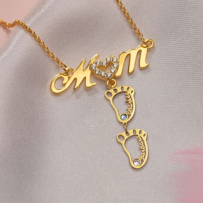 Personalized 1-10 Hollow BabyFeet Name Mom Necklace With Birthstones