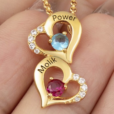 Personalized Double Hearts Necklace With 2 Names and Birthstones For Soulmate Girlfriend Valentine's Day