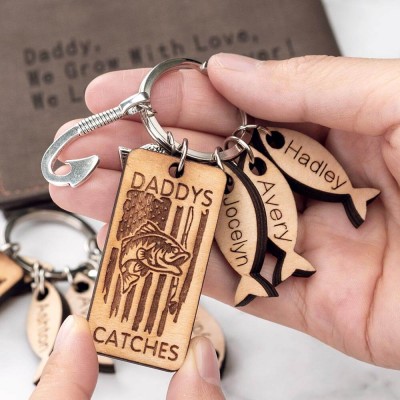 Father's Day Gift Personalized 1-10 Name Engraved Fishing Keychain Daddy Dad Grampa's Keepers