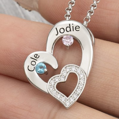 Custom Heart Necklaces With 2 Name and Birthstone For Soulmate Valentine's Day