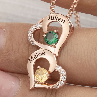Personalized Double Hearts Necklace With 2 Names and Birthstones For Soulmate Girlfriend Valentine's Day