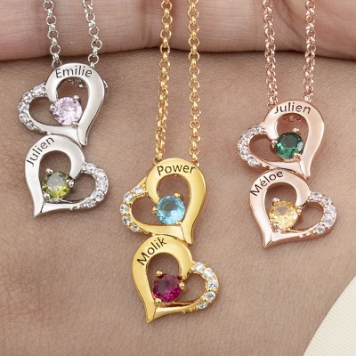 Custom Double Heart Necklace With 2 Names and Birthstone For Valentine's Day Anniversary