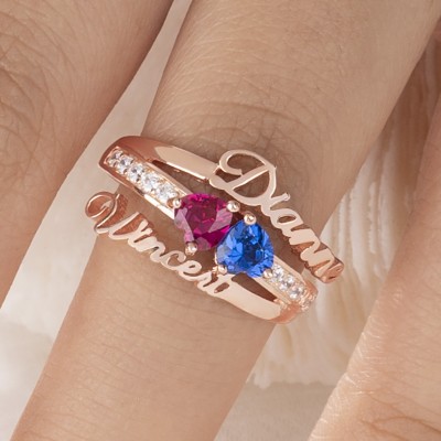 S925 Sterling Silver Custom Couple Ring With 2 Names and Birthstone For Her