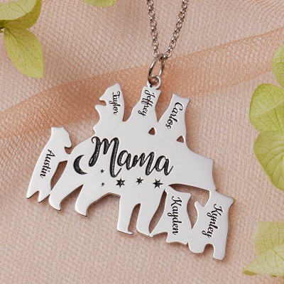 Personalized Mama Bear Necklace With 1-8 Kids Name For Mother's Day Gift