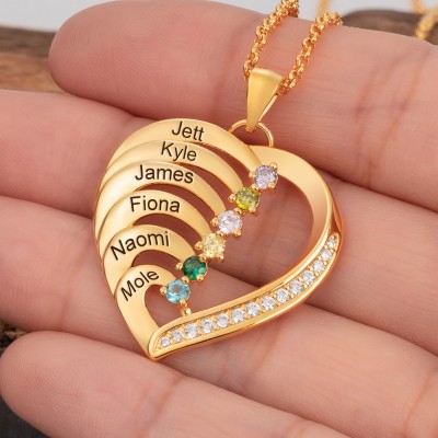 Custom 6 Names and Birthstones Heart Necklace For Mother's Day Christmas