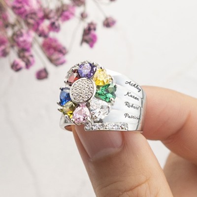 S925 Silver Personalized Engraved Heart-Shaped Birthstones Ring with 1-8 Names