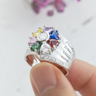 S925 Silver Personalized Engraved Heart-Shaped Birthstones Ring with 1-8 Names
