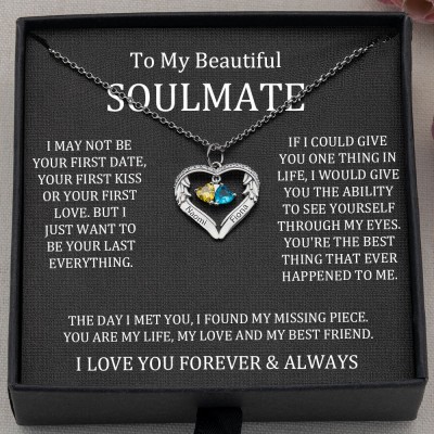 To My Soulmate Custom Angel Wings Heart Necklace With 2 Names and Birthstones For Valentine's Day