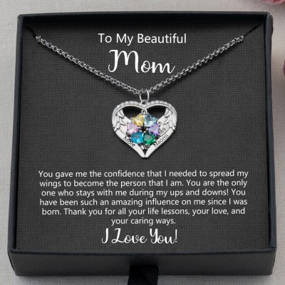 To My Beautiful Mom Custom Birthstone Angel Wings Heart Necklaces