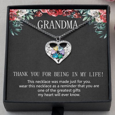 To My Grandma Custom Birthstone Angel Wings Heart Necklaces