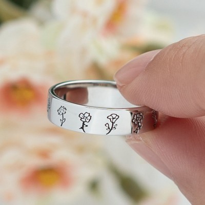 Family Birth Flower Month Ring Personalized Gift For Her