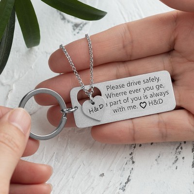Drive Safe Personalized Necklace and Keychain Set For Couples Boyfriend 