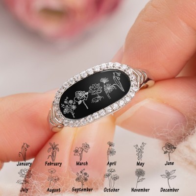 Personalized Birth Month Flower Ring Black Agate For Family Mom