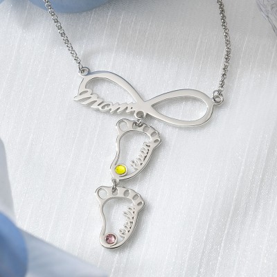 Personalized Infinity Mama Baby Feet Charms Name Necklace With Birthstone For Mom Christmas's Day