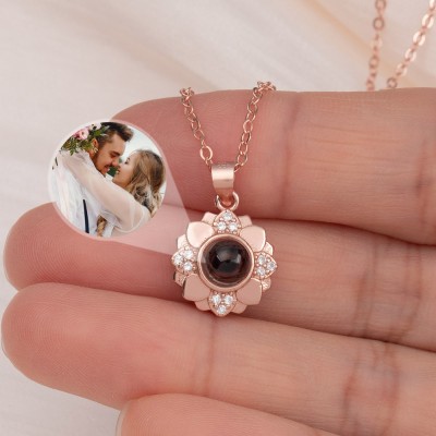Personalized Photo Projection Sunflower Charm Necklace For Couple Valentine's Day Gift