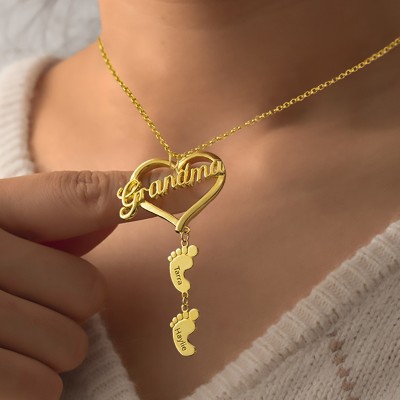 Personalized Love Grandma Heart Baby Feet Shape Engraved Name Necklaces With 1-10 Pendants