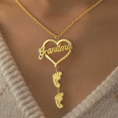 Personalized Grandma Heart Pendant With Baby Feet Name Engraved  Necklace Mother's Day Gift Ideas