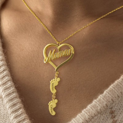 Personalized Maman Heart Pendant With Baby Feet Name Engraved  Necklace For Mother's Day Gift Ideas