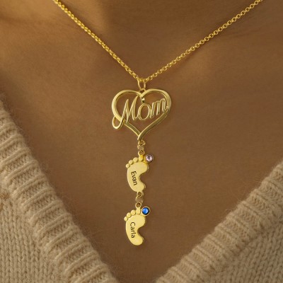 Personalized MOM Heart Pendant With Baby Feet Necklace 1-10 Name and Birthstone For Mother's Day Gift Ideas
