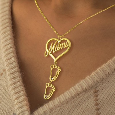 Personalized Mama Heart Pendant Necklace with 1-10 Hollow Baby Feet Charms