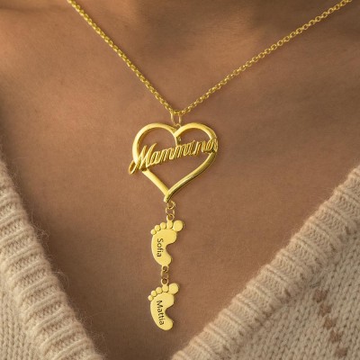Personalized Mammina Heart Pendant With Baby Feet Name Engraved  Necklace