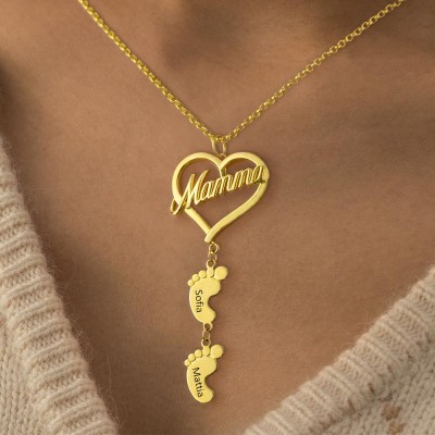 Personalized Mamma Heart Pendant With Baby Feet Name Engraved  Necklace Mother's Day Gift Ideas