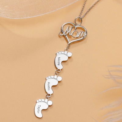 Personalized Love Mom Heart Baby Feet Charms Engraved Name Necklaces With 1-10 Pendants