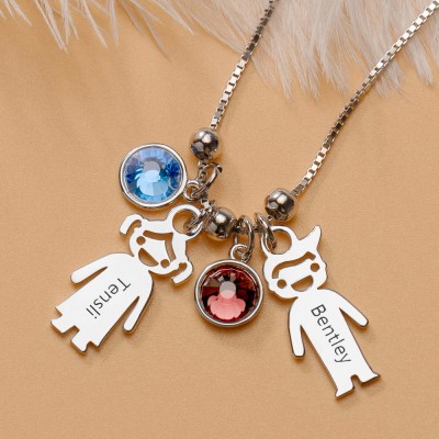 Silver Personalized 1-12 Kids Charms Pendants Names Engraved Necklace With Birthstone