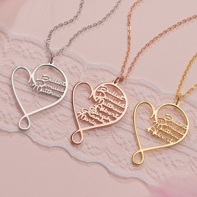 Silver Personalized Hug and Love Heart Names Necklace With 1-8 Names