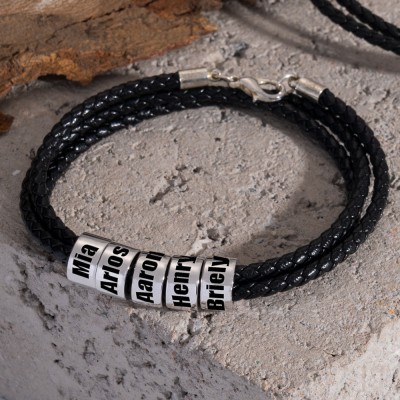 Custom Black Leather Bracelet with Small Silver Beads Christmas Birthday Gift For Dad Husband Boyfriend