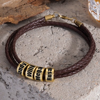 Custom Brown Leather Bracelet with Small Gold Name Beads Christmas Birthday Gift For Dad Husband