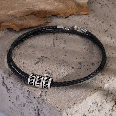 Custom Black Bracelet with Silver Name Beads Christmas Birthday Gift For Dad Husband Boyfriend