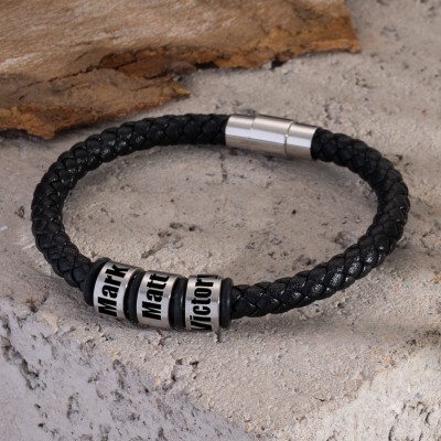 Custom Black Bracelet with Name Beads Christmas Birthday Gift For Dad Husband Boyfriend