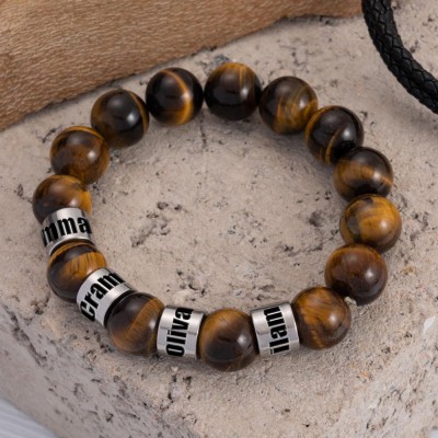 Tiger Eye Healing Bracelet With Custom Name Beads Christmas Birthday Gift For Dad Husband Boyfriend