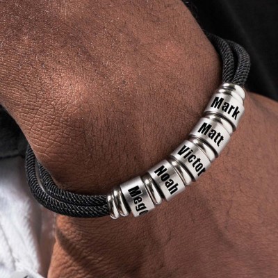 Men Black Cord Adjustable Bracelet with Custom Beads Christmas Birthday Gift For Dad Husband Boyfriend